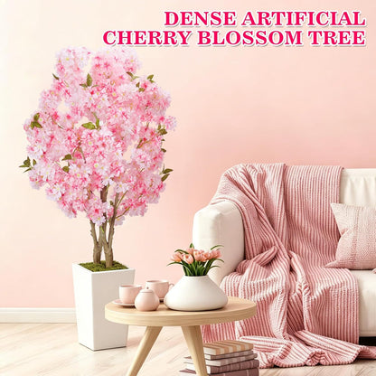 No-Splice Trunk Artificial Cherry Blossom Tree 5FT, Realistic Fake Tree Indoor Plants for Spring, Faux Cherry Tree with Tall White Planter for Living Room Bedroom Office Entryway Home Decor