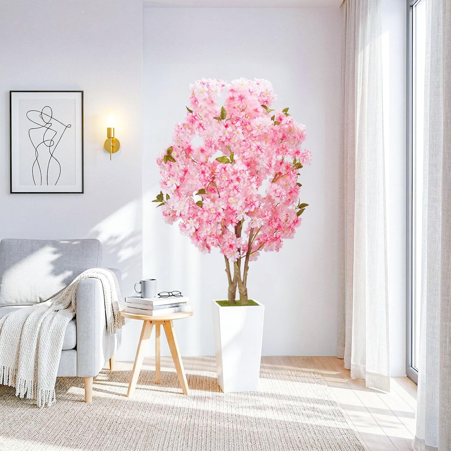 No-Splice Trunk Artificial Cherry Blossom Tree 5FT, Realistic Fake Tree Indoor Plants for Spring, Faux Cherry Tree with Tall White Planter for Living Room Bedroom Office Entryway Home Decor