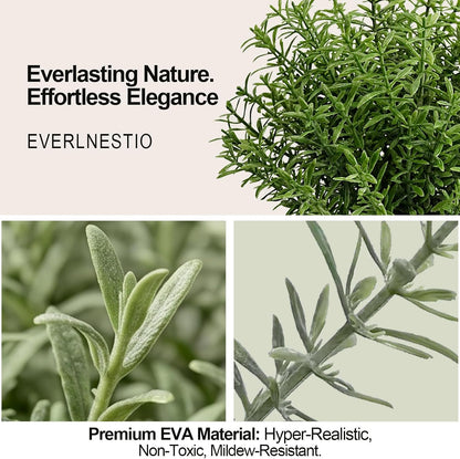 8-Inch Artificial Rosemary Plant, Small Faux Potted Greenery | Small realistic plastic faux shrub pot for indoor home, office, shelf, table, kitchen, and bathroom wall decor.