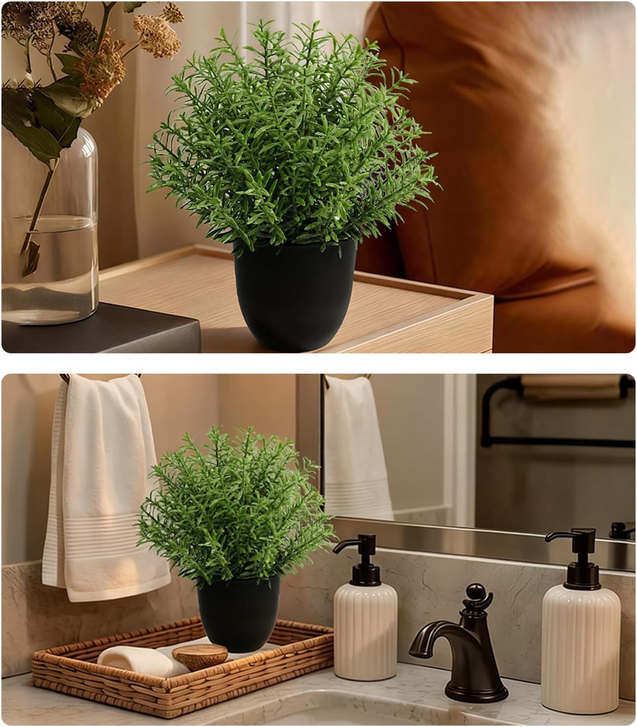 8-Inch Artificial Rosemary Plant, Small Faux Potted Greenery | Small realistic plastic faux shrub pot for indoor home, office, shelf, table, kitchen, and bathroom wall decor.