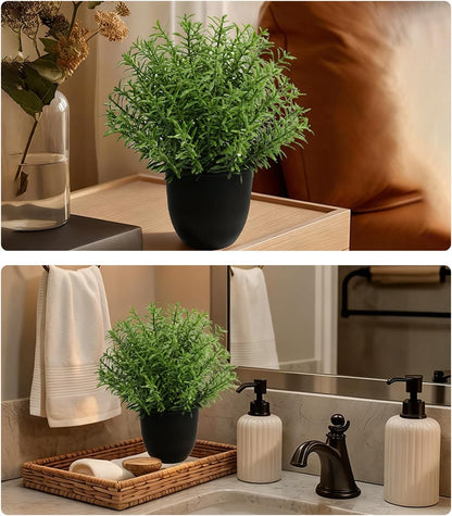 8-Inch Artificial Rosemary Plant, Small Faux Potted Greenery | Small realistic plastic faux shrub pot for indoor home, office, shelf, table, kitchen, and bathroom wall decor.