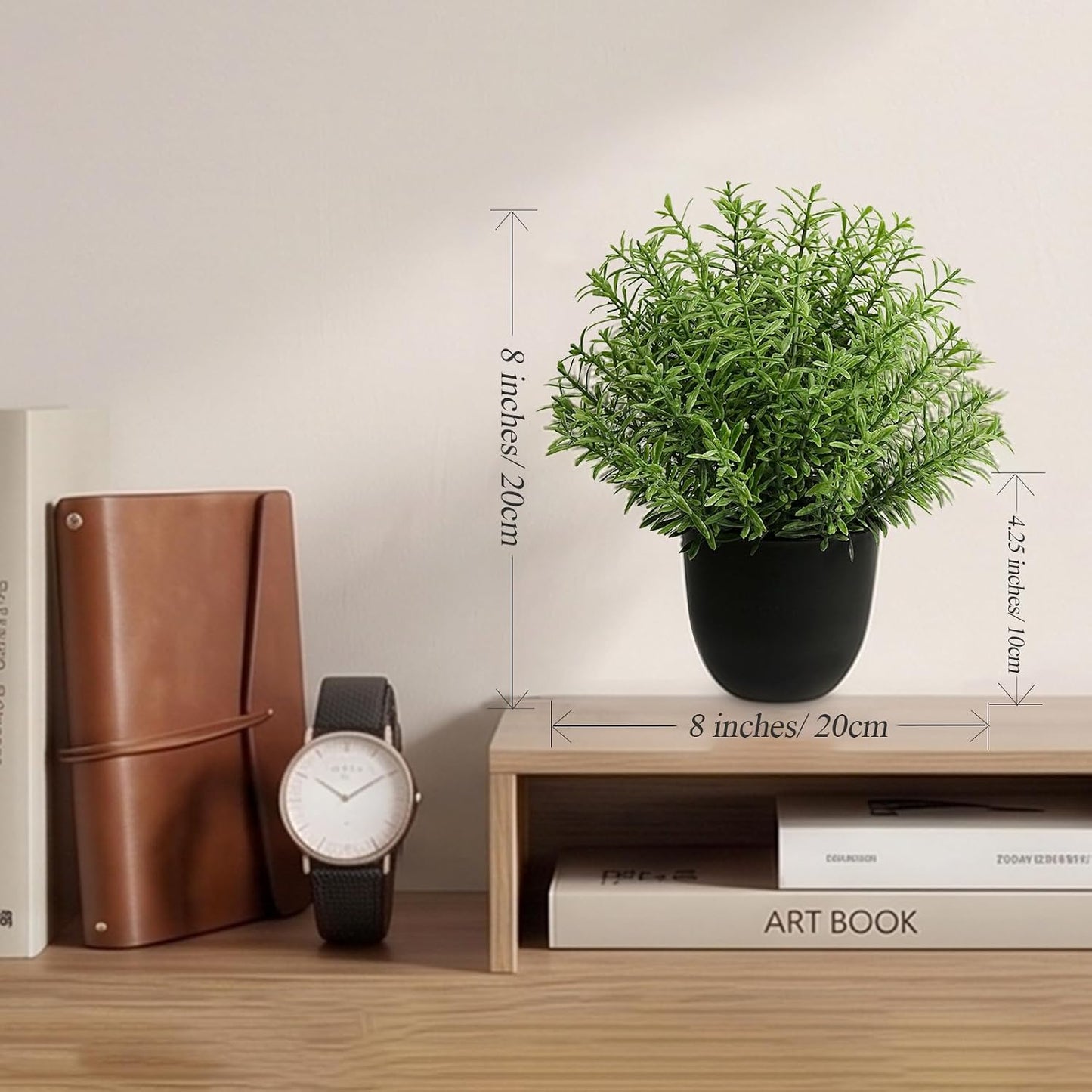 8-Inch Artificial Rosemary Plant, Small Faux Potted Greenery | Small realistic plastic faux shrub pot for indoor home, office, shelf, table, kitchen, and bathroom wall decor.