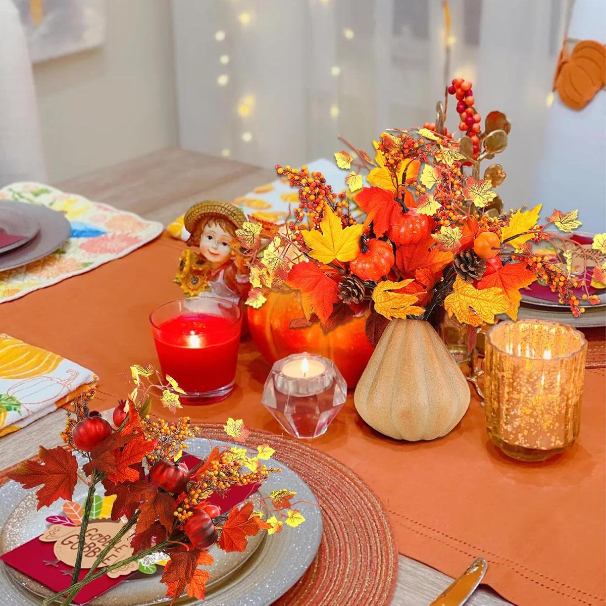 3pcs Thanksgiving Decorative Cuttings, Artificial Plant Cuttings, Maple Leaf Pumpkin Elements,Small Fall Fake Plant,for Farmhouse Home Party Thanksgiving Day Halloween