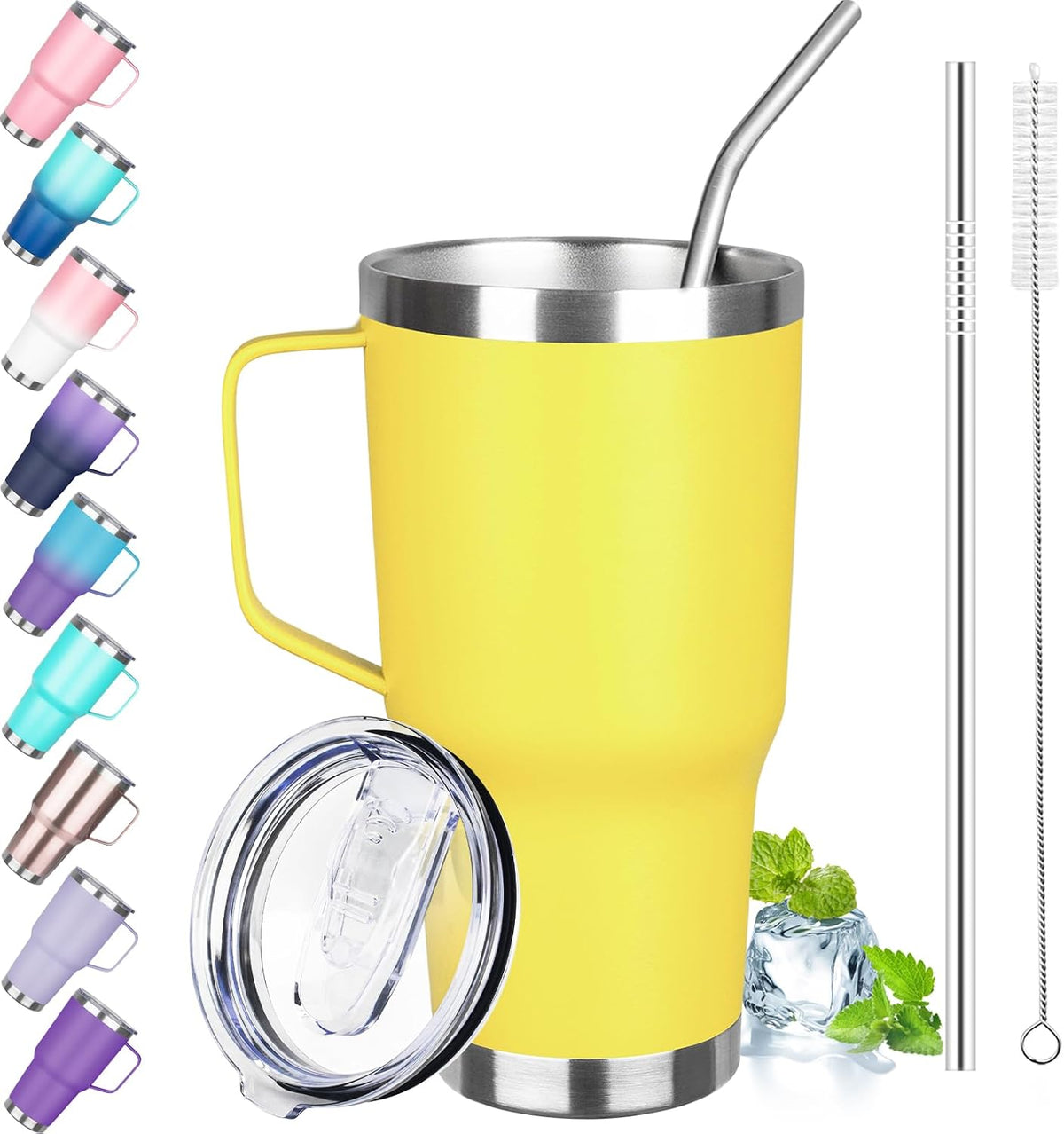 30 oz Tumbler with Handle, Stainless Steel Insulated Tumbler with Lid and Straw, Double Wall Vacuum Coffee Mug Tumbler, Insulated Coffee Thermal Cup for Cold and Hot (Yellow)