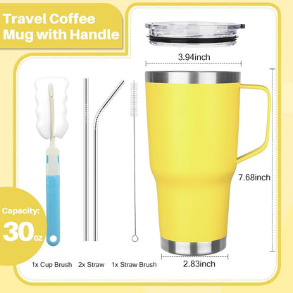 30 oz Tumbler with Handle, Stainless Steel Insulated Tumbler with Lid and Straw, Double Wall Vacuum Coffee Mug Tumbler, Insulated Coffee Thermal Cup for Cold and Hot (Yellow)