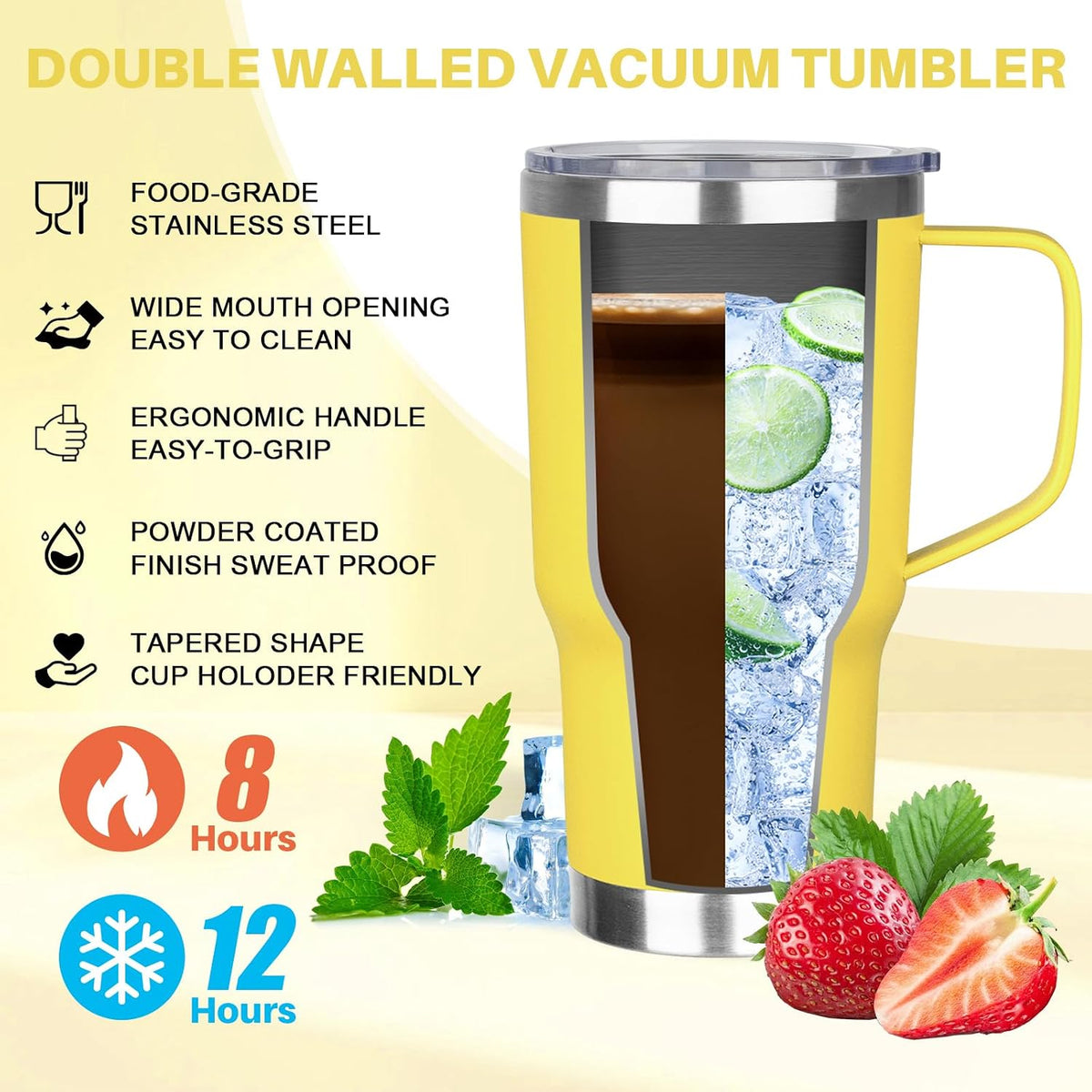 30 oz Tumbler with Handle, Stainless Steel Insulated Tumbler with Lid and Straw, Double Wall Vacuum Coffee Mug Tumbler, Insulated Coffee Thermal Cup for Cold and Hot (Yellow)