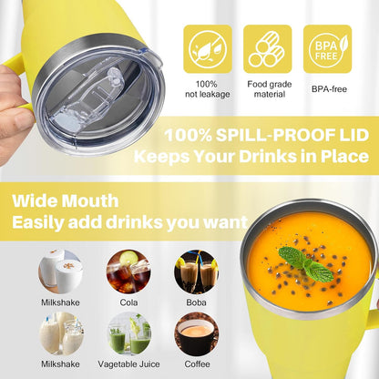 30 oz Tumbler with Handle, Stainless Steel Insulated Tumbler with Lid and Straw, Double Wall Vacuum Coffee Mug Tumbler, Insulated Coffee Thermal Cup for Cold and Hot (Yellow)