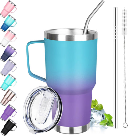 30 oz Tumbler with Handle, Stainless Steel Insulated Tumbler with Lid and Straw, Double Wall Vacuum Coffee Mug Tumbler, Insulated Coffee Thermal Cup for Cold and Hot (Yellow)