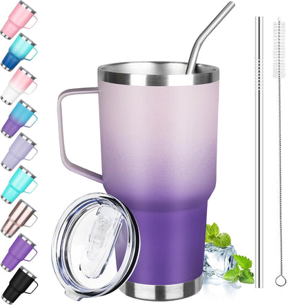 30 oz Tumbler with Handle, Stainless Steel Insulated Tumbler with Lid and Straw, Double Wall Vacuum Coffee Mug Tumbler, Insulated Coffee Thermal Cup for Cold and Hot (Yellow)