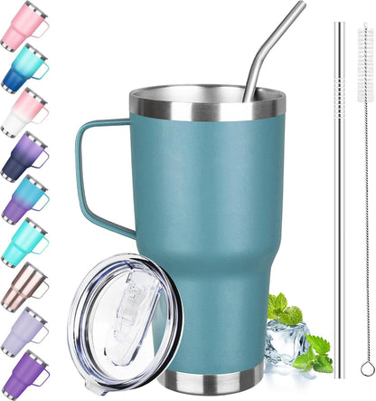 30 oz Tumbler with Handle, Stainless Steel Insulated Tumbler with Lid and Straw, Double Wall Vacuum Coffee Mug Tumbler, Insulated Coffee Thermal Cup for Cold and Hot (Yellow)