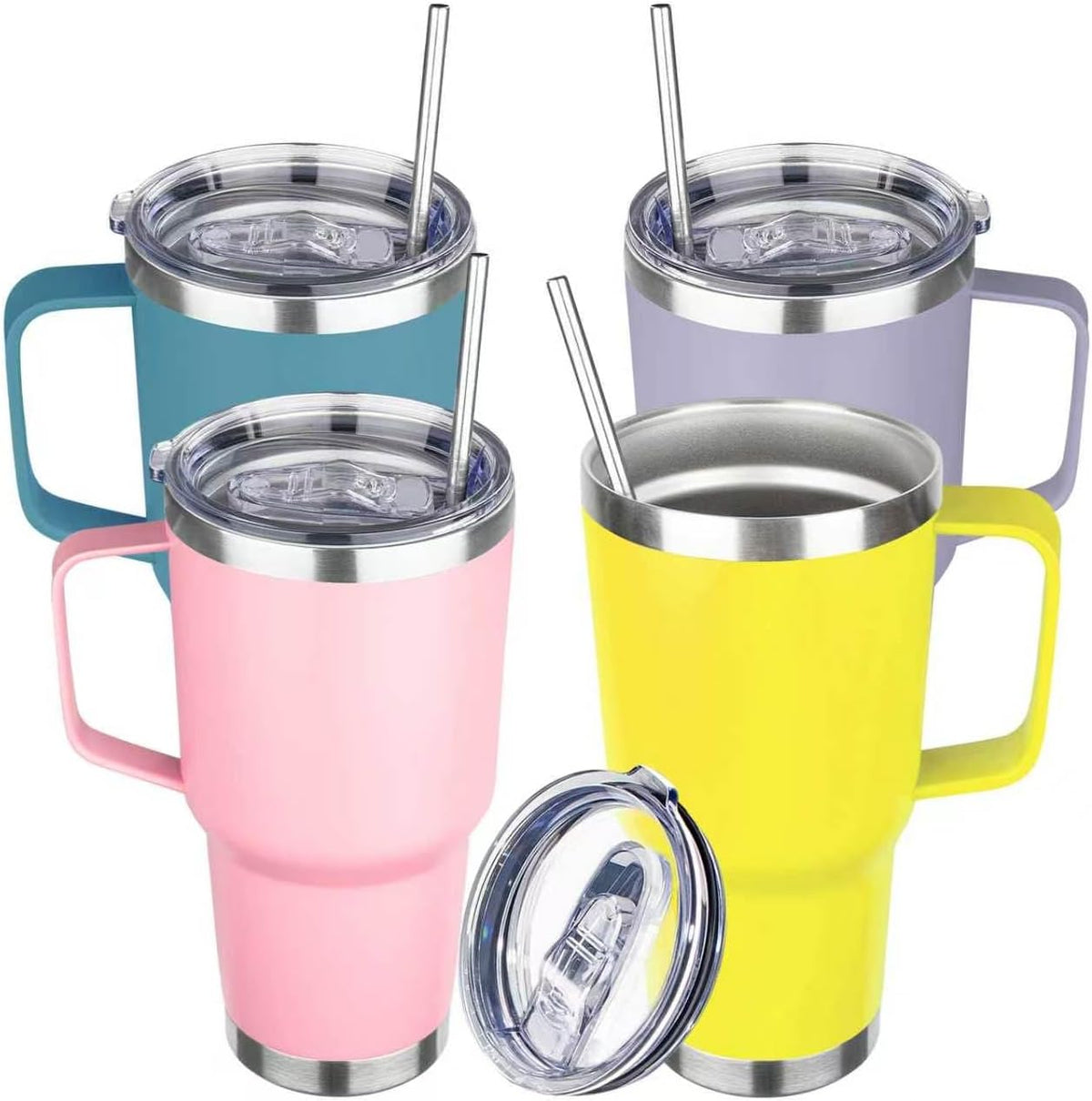 30 oz Tumbler with Handle, Stainless Steel Insulated Tumbler with Lid and Straw, Double Wall Vacuum Coffee Mug Tumbler, Insulated Coffee Thermal Cup for Cold and Hot (Yellow)