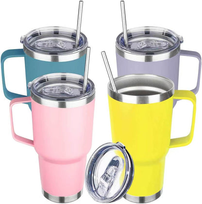 30 oz Tumbler with Handle, Stainless Steel Insulated Tumbler with Lid and Straw, Double Wall Vacuum Coffee Mug Tumbler, Insulated Coffee Thermal Cup for Cold and Hot (Yellow)