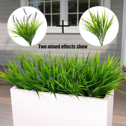 Artificial Plants Outdoor Fake Monkey Grass with Flowers for Pot UV Resistant Plant Decor for Window Garden Patio Hanging Planter Pathway Front Porch (Grass with Flowers)