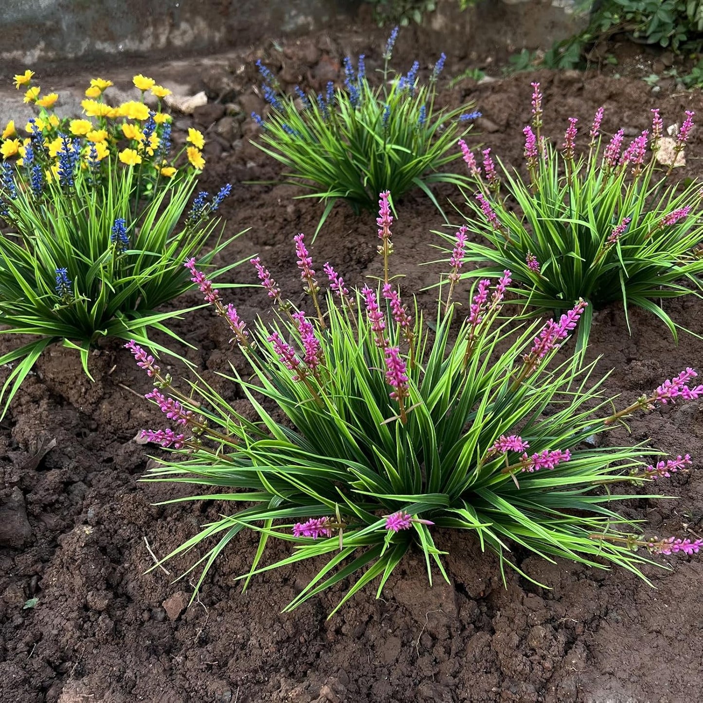 Artificial Plants Outdoor Fake Monkey Grass with Flowers for Pot UV Resistant Plant Decor for Window Garden Patio Hanging Planter Pathway Front Porch (Grass with Flowers)