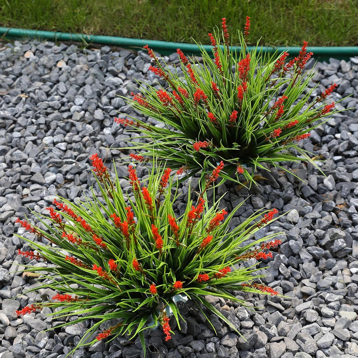 Artificial Plants Outdoor Fake Monkey Grass with Flowers for Pot UV Resistant Plant Decor for Window Garden Patio Hanging Planter Pathway Front Porch (Grass with Flowers)