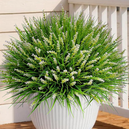 Artificial Plants Outdoor Fake Monkey Grass with Flowers for Pot UV Resistant Plant Decor for Window Garden Patio Hanging Planter Pathway Front Porch (Grass with Flowers)