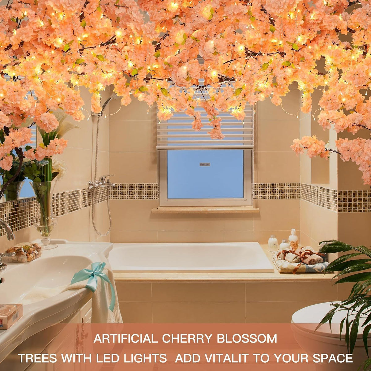 4 Pack 6.5 FT Champagne Pink Cherry Blossom Vines with LED Lights