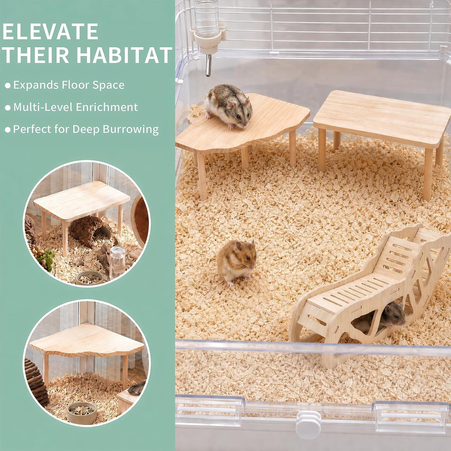 3-Piece Wooden Hamster Platform Set, Versatile Hideout & Exploration Tunnel with Ladder, Cage Decor for Syrian Dwarf Hamsters, Gerbils, Mice