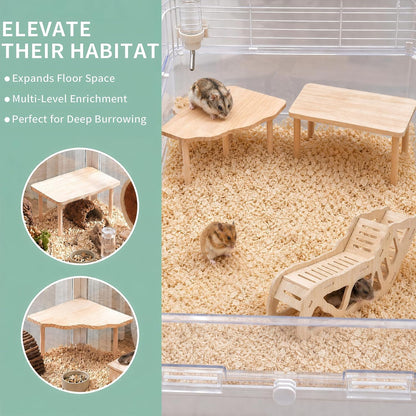 3-Piece Wooden Hamster Platform Set, Versatile Hideout & Exploration Tunnel with Ladder, Cage Decor for Syrian Dwarf Hamsters, Gerbils, Mice