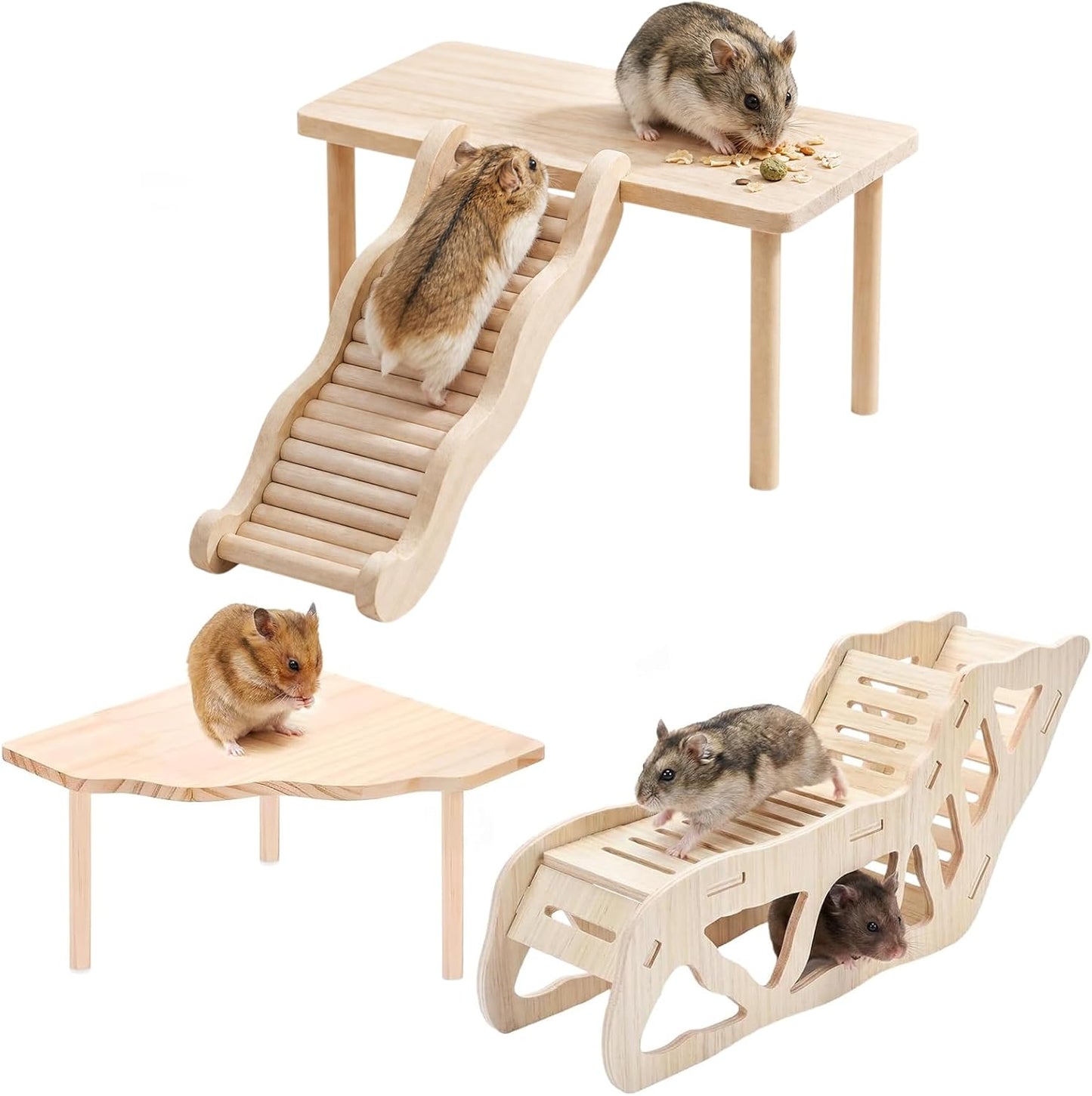 3-Piece Wooden Hamster Platform Set, Versatile Hideout & Exploration Tunnel with Ladder, Cage Decor for Syrian Dwarf Hamsters, Gerbils, Mice