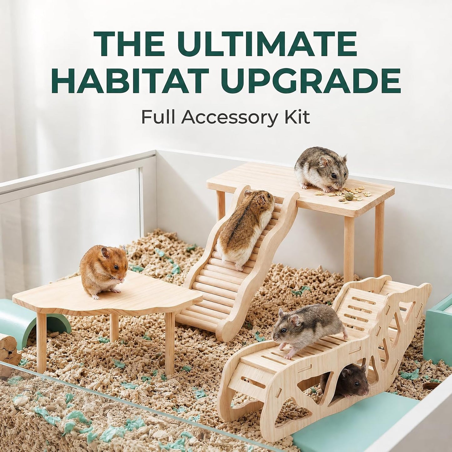 3-Piece Wooden Hamster Platform Set, Versatile Hideout & Exploration Tunnel with Ladder, Cage Decor for Syrian Dwarf Hamsters, Gerbils, Mice