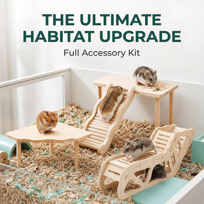 3-Piece Wooden Hamster Platform Set, Versatile Hideout & Exploration Tunnel with Ladder, Cage Decor for Syrian Dwarf Hamsters, Gerbils, Mice