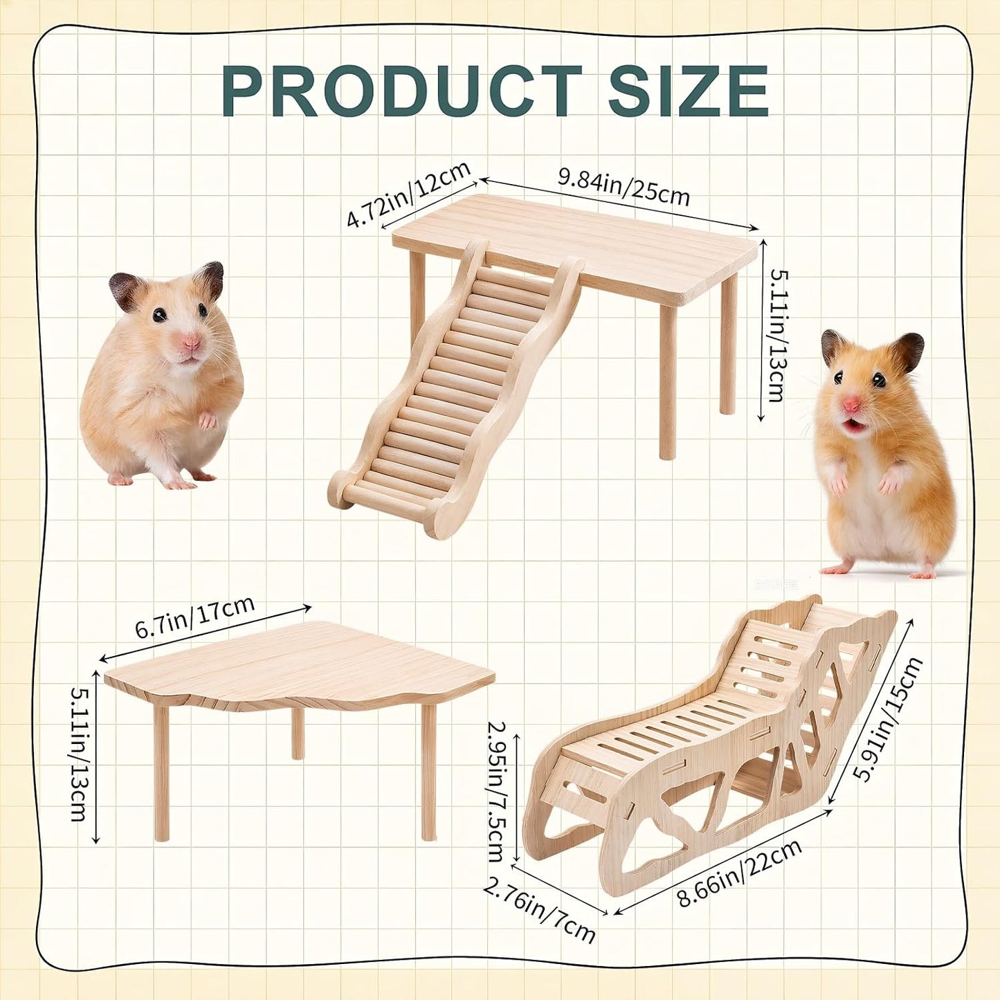 3-Piece Wooden Hamster Platform Set, Versatile Hideout & Exploration Tunnel with Ladder, Cage Decor for Syrian Dwarf Hamsters, Gerbils, Mice
