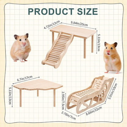 3-Piece Wooden Hamster Platform Set, Versatile Hideout & Exploration Tunnel with Ladder, Cage Decor for Syrian Dwarf Hamsters, Gerbils, Mice