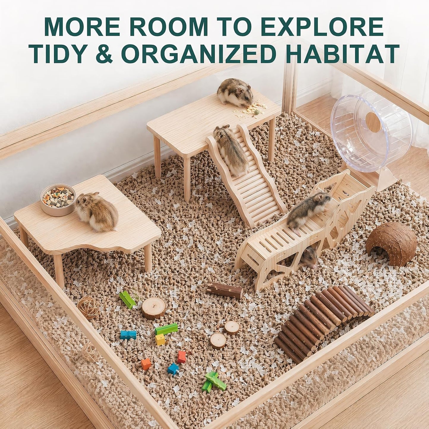 3-Piece Wooden Hamster Platform Set, Versatile Hideout & Exploration Tunnel with Ladder, Cage Decor for Syrian Dwarf Hamsters, Gerbils, Mice