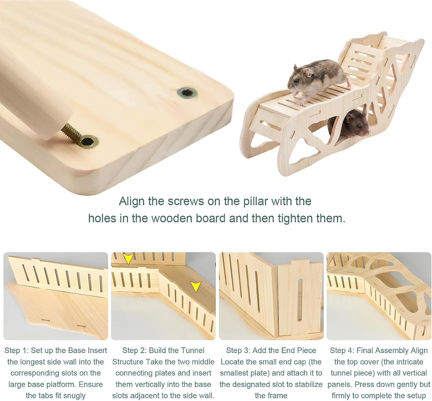 3-Piece Wooden Hamster Platform Set, Versatile Hideout & Exploration Tunnel with Ladder, Cage Decor for Syrian Dwarf Hamsters, Gerbils, Mice