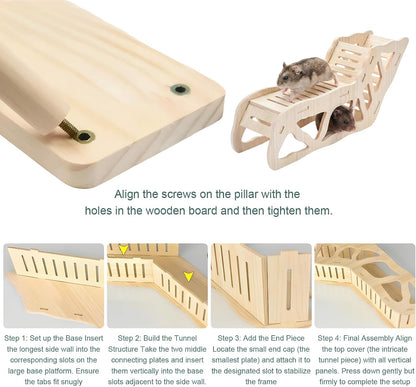 3-Piece Wooden Hamster Platform Set, Versatile Hideout & Exploration Tunnel with Ladder, Cage Decor for Syrian Dwarf Hamsters, Gerbils, Mice