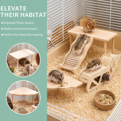 3-Piece Wooden Hamster Platform Set, Versatile Hideout & Exploration Tunnel with Ladder, Cage Decor for Syrian Dwarf Hamsters, Gerbils, Mice