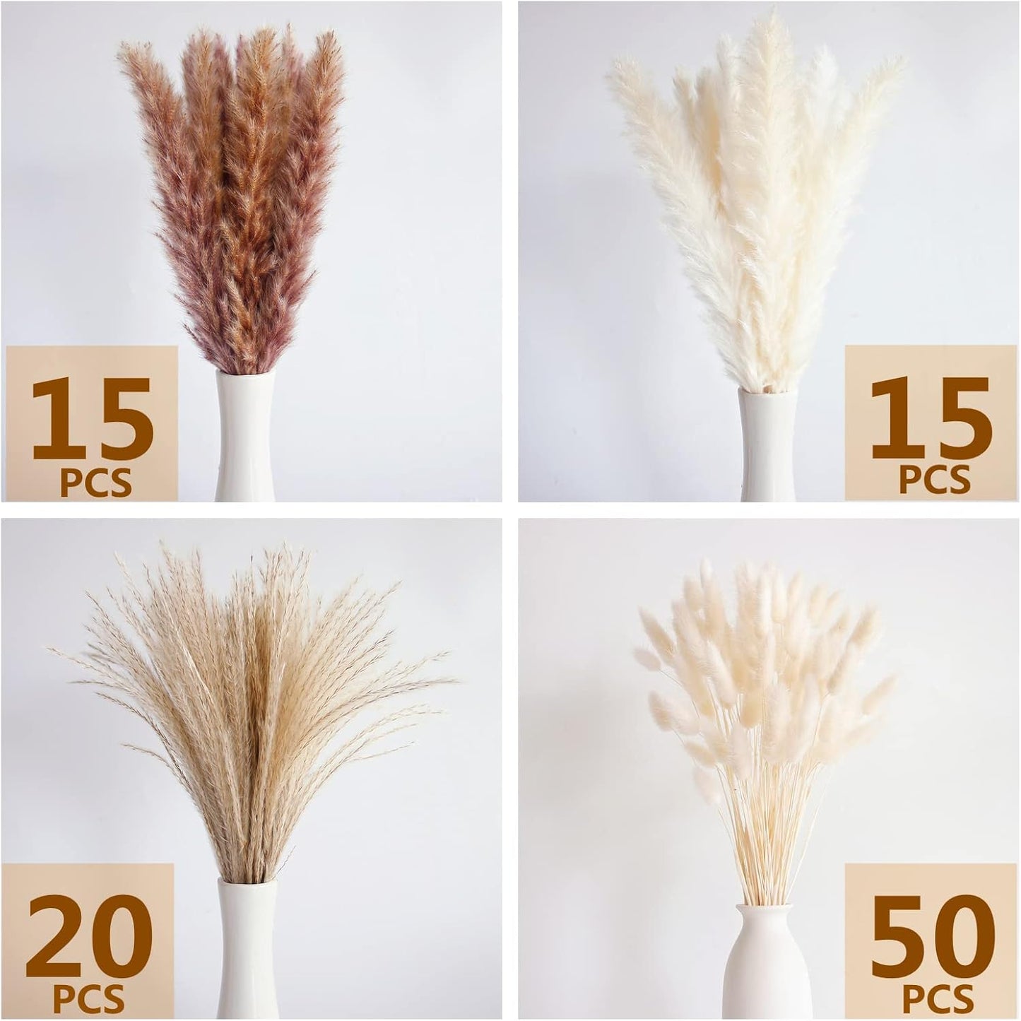 110 PCS Dried Pampas Grass Bouquet, Boho Table Decor, Bunny Tails Dried Flowers, Brown Pompas, White Pampas Grass for Wedding, Home, Rustic Party, Baby Shower Decorations