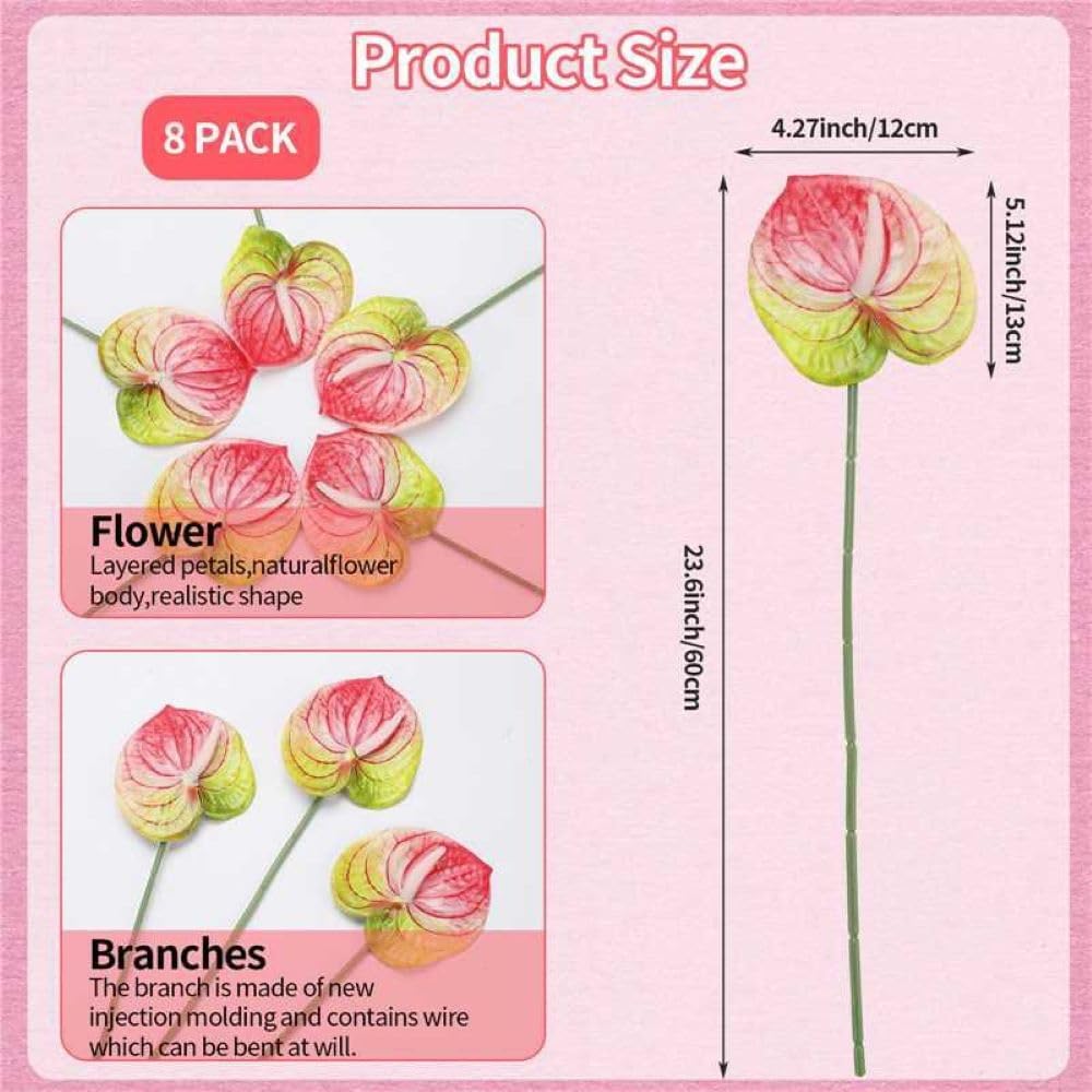 8 Pcs 23-5/8 inch Artificial Anthurium Flowers Real Touch Fake Flower