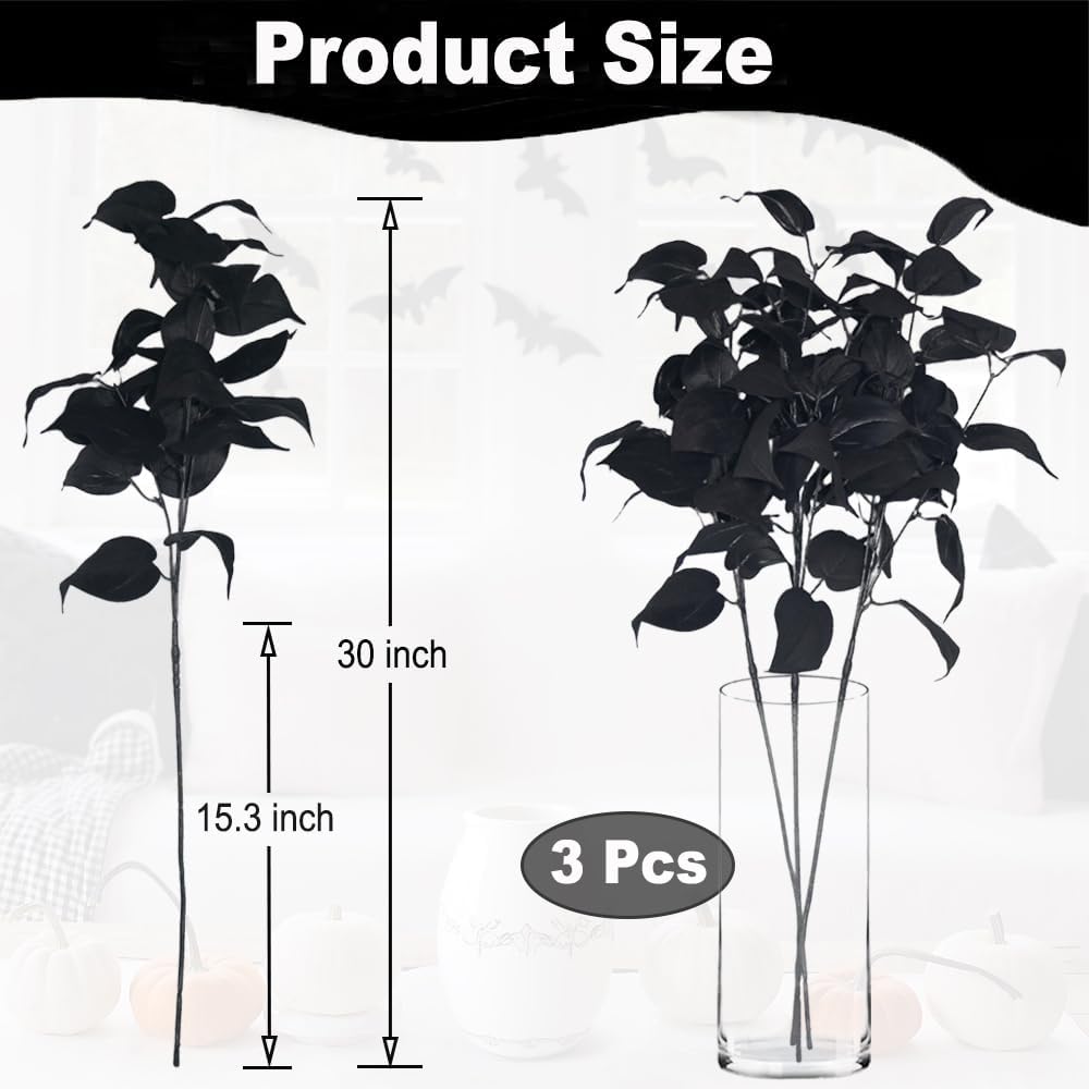 3pcs 30inch Artificial Black Stems High-end Faux Black Ivy Leaves Branches Artificial Plants Leaf Stems Garland Spray for Home Wedding Bouquet Gothic Aesthetic Graduation Skoopy Halloween Decorations