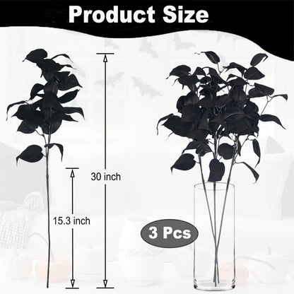 3pcs 30inch Artificial Black Stems High-end Faux Black Ivy Leaves Branches Artificial Plants Leaf Stems Garland Spray for Home Wedding Bouquet Gothic Aesthetic Graduation Skoopy Halloween Decorations