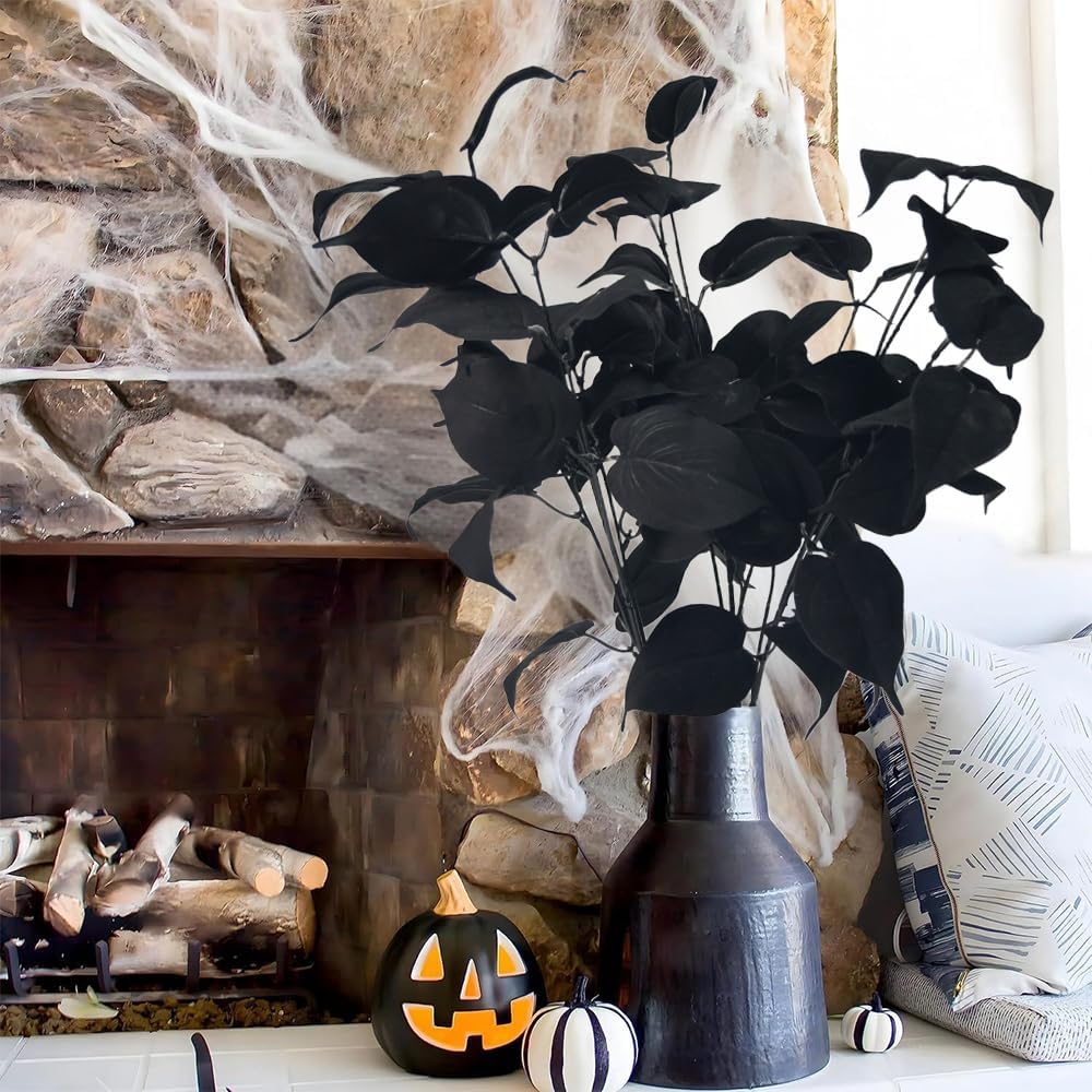 3pcs 30inch Artificial Black Stems High-end Faux Black Ivy Leaves Branches Artificial Plants Leaf Stems Garland Spray for Home Wedding Bouquet Gothic Aesthetic Graduation Skoopy Halloween Decorations