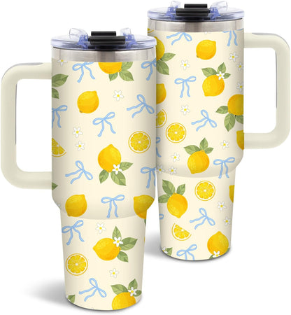 Lemon 40oz Tumbler, with Handle Straw, Insulated Sport Coffee Cup | 40oz Stainless Steel Tumbler, Travel Water Bottle, Thanksgiving Christmas Birthday Gift for Lemon Lover