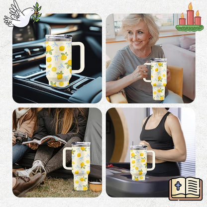 Lemon 40oz Tumbler, with Handle Straw, Insulated Sport Coffee Cup | 40oz Stainless Steel Tumbler, Travel Water Bottle, Thanksgiving Christmas Birthday Gift for Lemon Lover