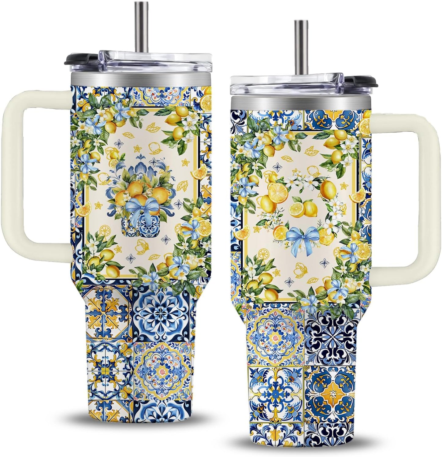 Lemon 40oz Tumbler, with Handle Straw, Insulated Sport Coffee Cup | 40oz Stainless Steel Tumbler, Travel Water Bottle, Thanksgiving Christmas Birthday Gift for Lemon Lover