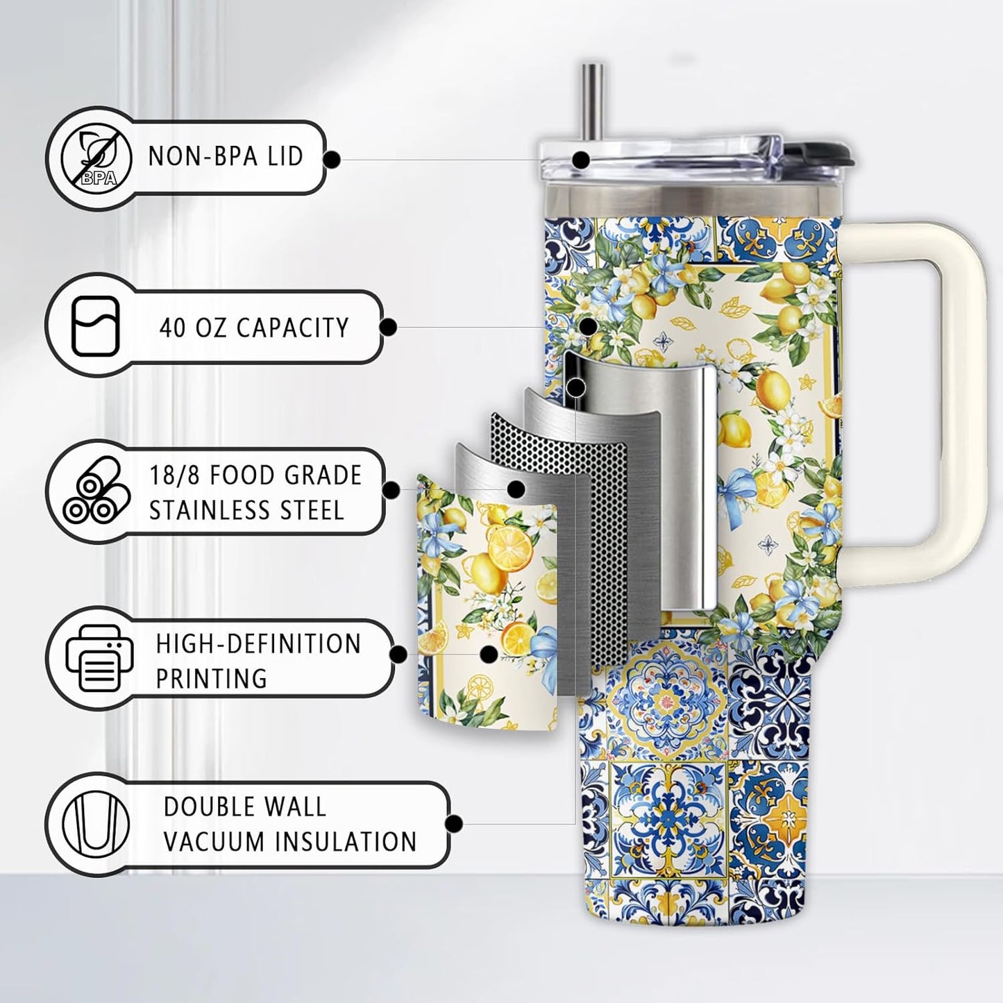 Lemon 40oz Tumbler, with Handle Straw, Insulated Sport Coffee Cup | 40oz Stainless Steel Tumbler, Travel Water Bottle, Thanksgiving Christmas Birthday Gift for Lemon Lover