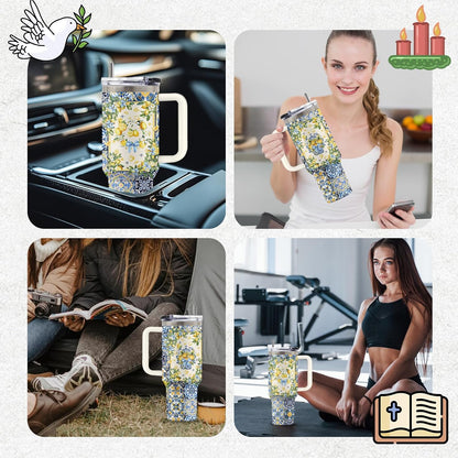 Lemon 40oz Tumbler, with Handle Straw, Insulated Sport Coffee Cup | 40oz Stainless Steel Tumbler, Travel Water Bottle, Thanksgiving Christmas Birthday Gift for Lemon Lover