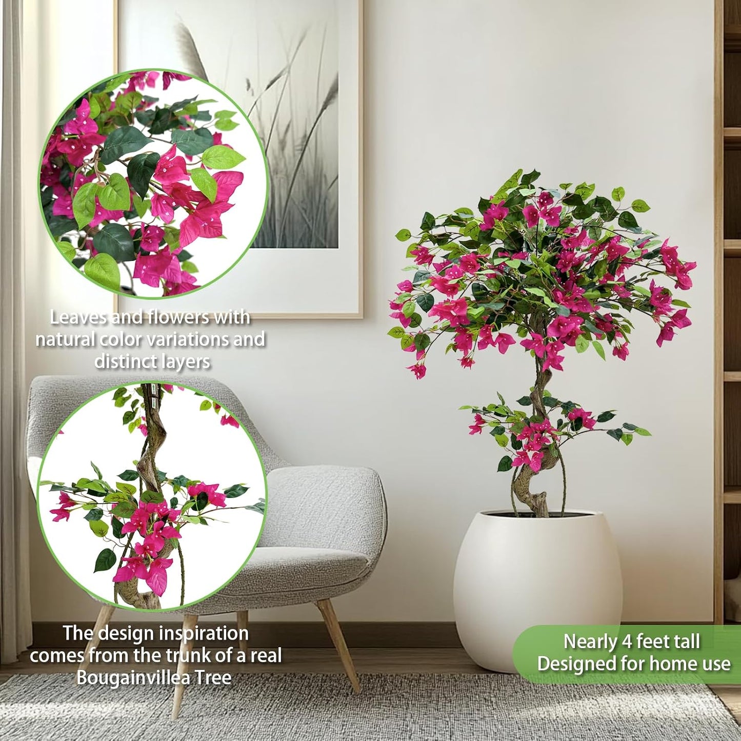 Artificial Bougainvillea Tree 5.3FT | Lifelike Pink Silk Blooms Ornamental Plant, Indoor Outdoor Accent Decor for Living Space Porch Patio Yard