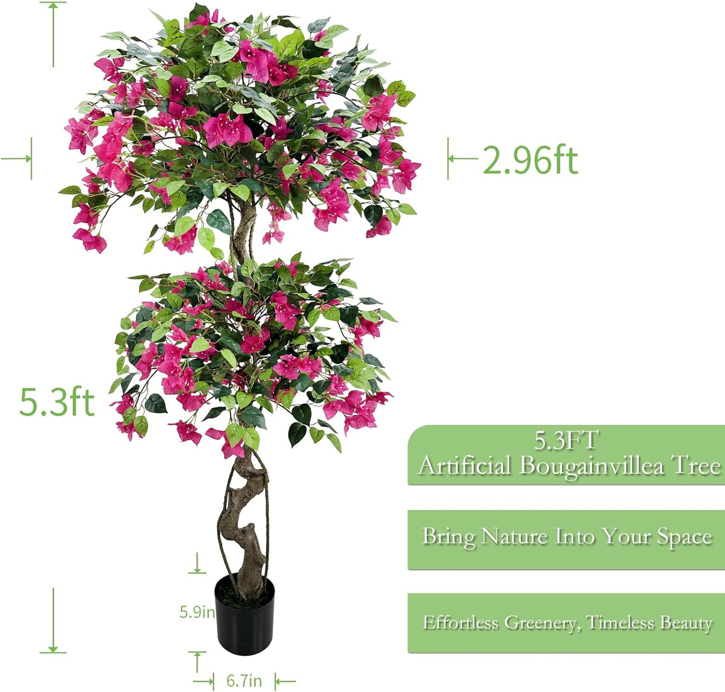 Artificial Bougainvillea Tree 5.3FT | Lifelike Pink Silk Blooms Ornamental Plant, Indoor Outdoor Accent Decor for Living Space Porch Patio Yard