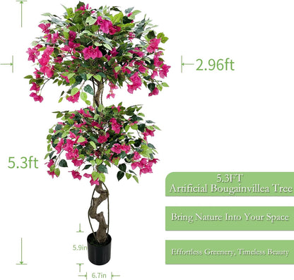 Artificial Bougainvillea Tree 5.3FT | Lifelike Pink Silk Blooms Ornamental Plant, Indoor Outdoor Accent Decor for Living Space Porch Patio Yard