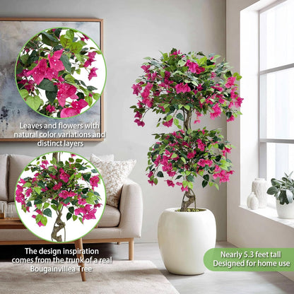 Artificial Bougainvillea Tree 5.3FT | Lifelike Pink Silk Blooms Ornamental Plant, Indoor Outdoor Accent Decor for Living Space Porch Patio Yard
