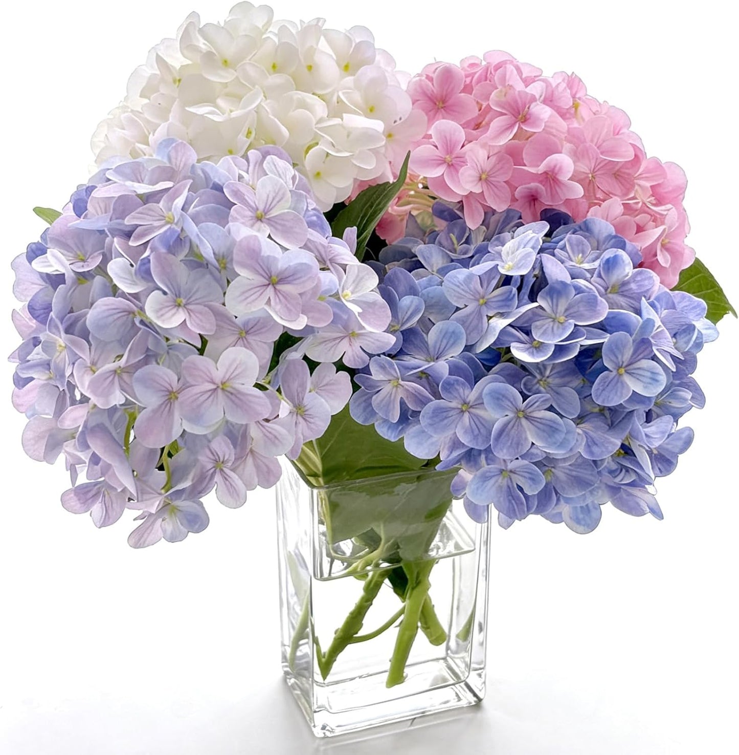 Hydrangea Artificial Flowers with Vase Real Touch Silk Faux Hydrangea Floral Arrangement in Glass Vase Fake Hydrangea Stems Plant Bouquet for Office Coffee Table Centerpieces Home Decor