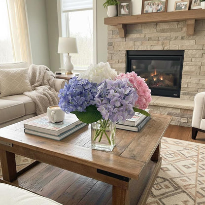 Hydrangea Artificial Flowers with Vase Real Touch Silk Faux Hydrangea Floral Arrangement in Glass Vase Fake Hydrangea Stems Plant Bouquet for Office Coffee Table Centerpieces Home Decor