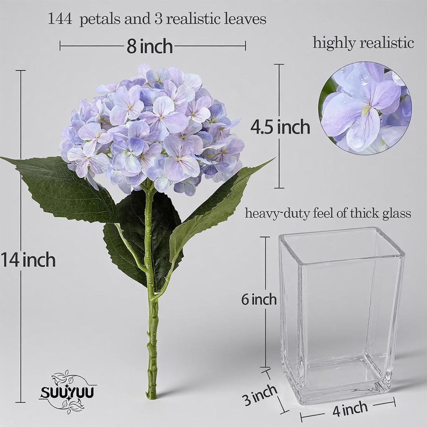 Hydrangea Artificial Flowers with Vase Real Touch Silk Faux Hydrangea Floral Arrangement in Glass Vase Fake Hydrangea Stems Plant Bouquet for Office Coffee Table Centerpieces Home Decor