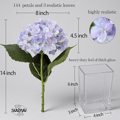 Hydrangea Artificial Flowers with Vase Real Touch Silk Faux Hydrangea Floral Arrangement in Glass Vase Fake Hydrangea Stems Plant Bouquet for Office Coffee Table Centerpieces Home Decor